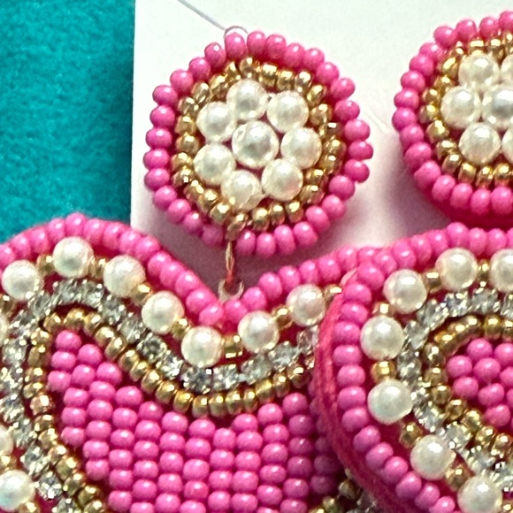 Pink Pearl Rhinestone Beaded Heart Earrings NEW - Picture 4 of 5